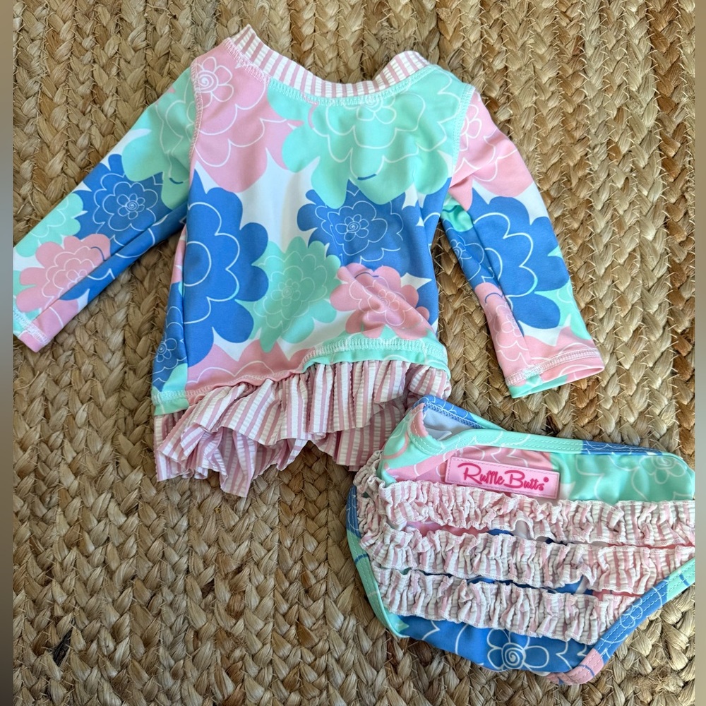 Ruffle Butts Kids Swim Rashguard - Pink, Blue, Green Floral